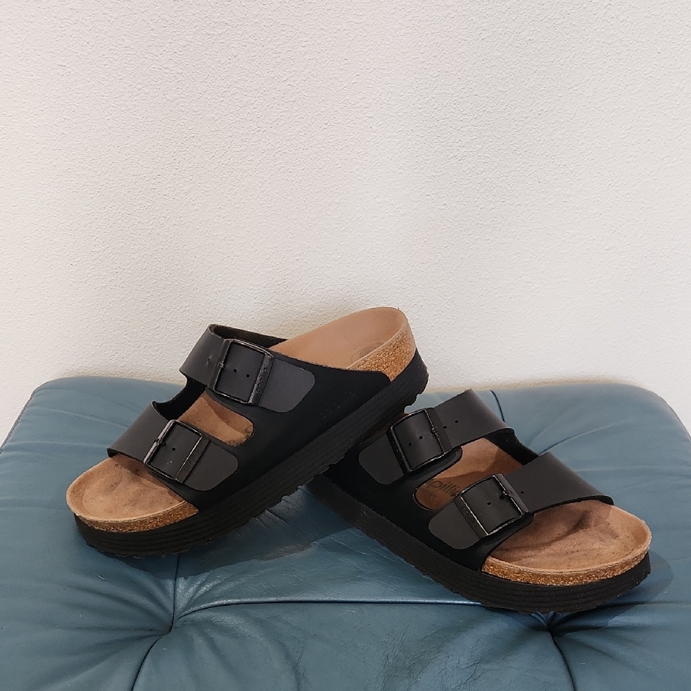 Birkenstock PAPILLlO Platform Black Double Strap Sandals Size 38 7/8